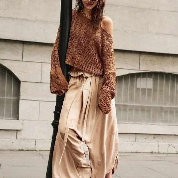 Brown Casual Women's Loose Fit Boat Neck Vacation Sweater - Picture 5 of 8